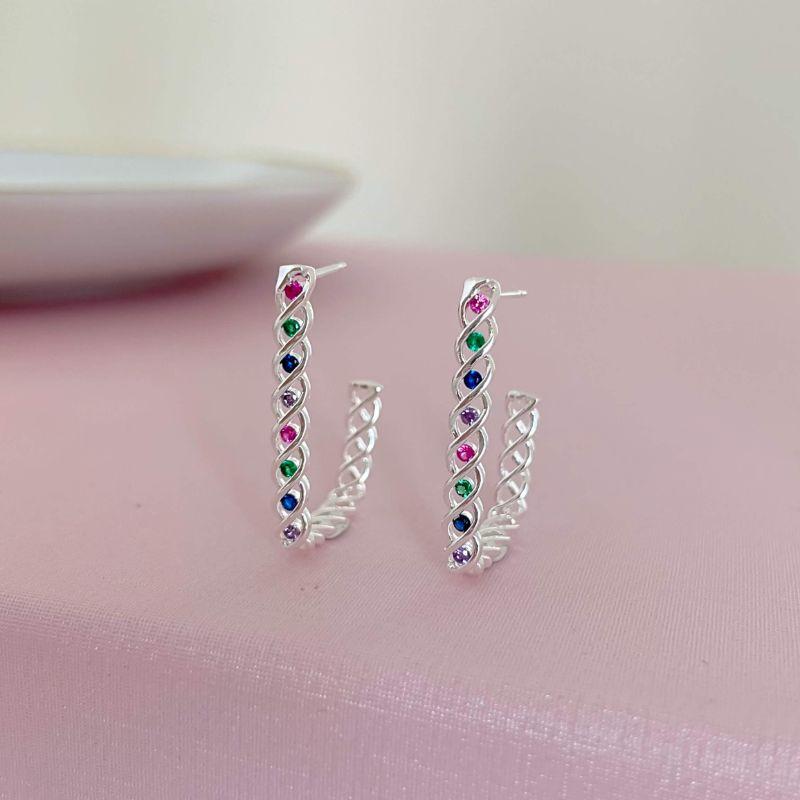 Brinco Argola Retangular Zirconias Colors Prata