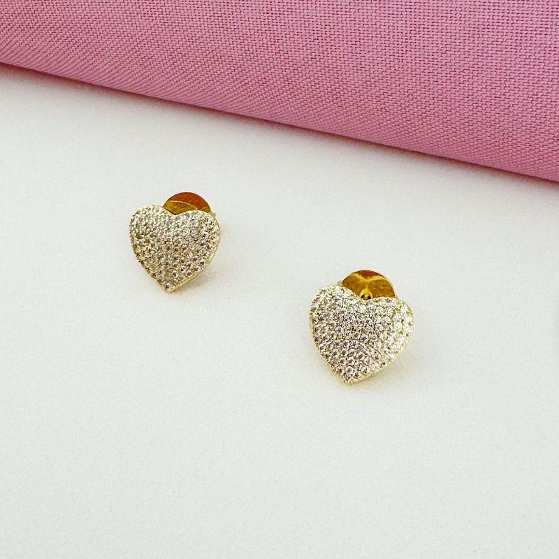 Brinco Coração Brilho Zirconia Ouro