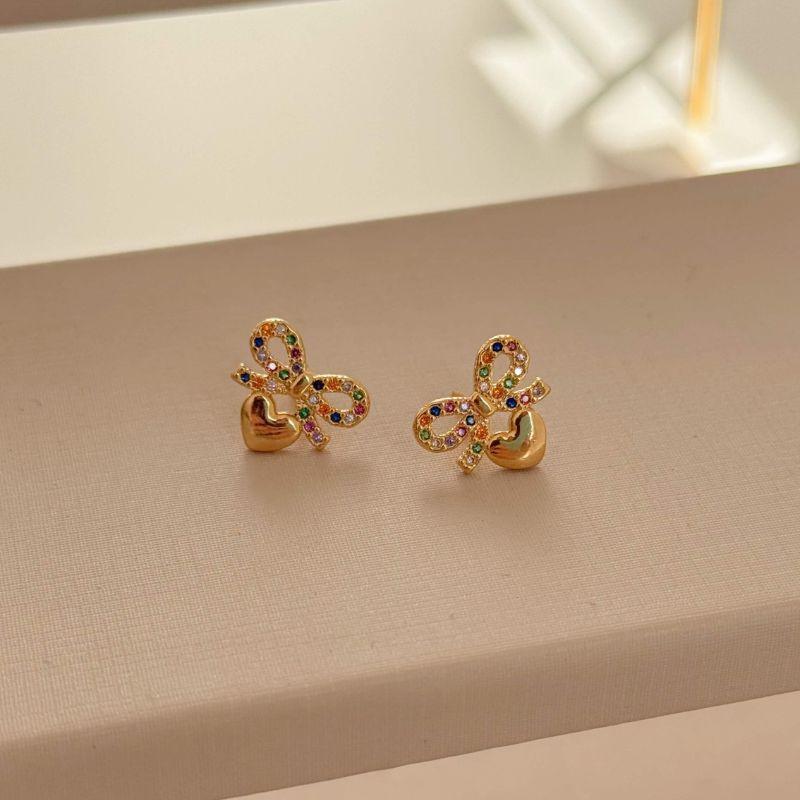 Brinco Infantil Laço e Coração Colorido Ouro