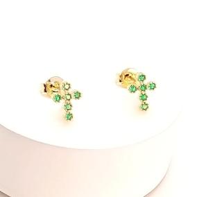 Brinco Mini Cruz Zircônia Verde Ouro