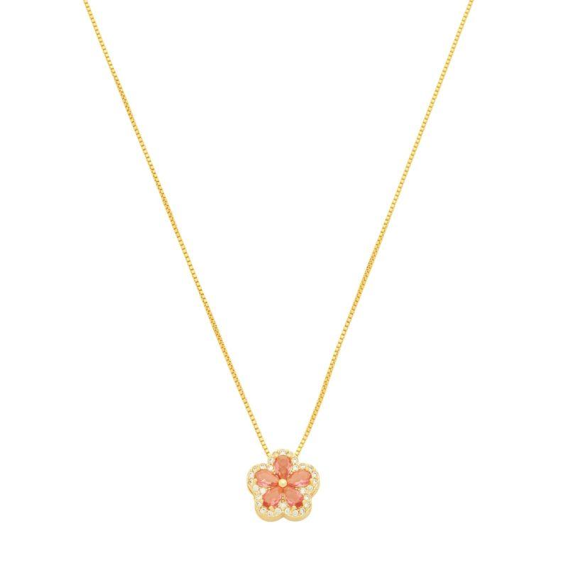 Colar Flor Cristal Rosa e Zircônias Ouro