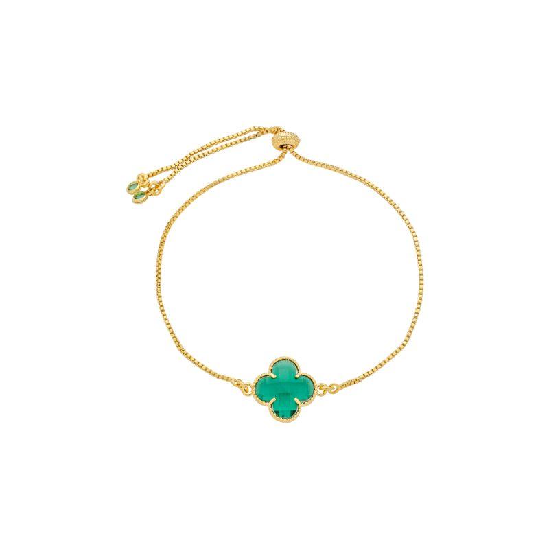 Pulseira Trevo Pedra Verde Ajustável Ouro