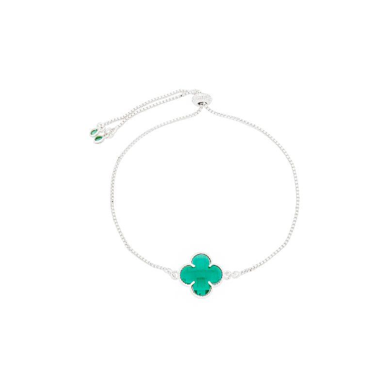 Pulseira Trevo Pedra Verde Ajustável Prata