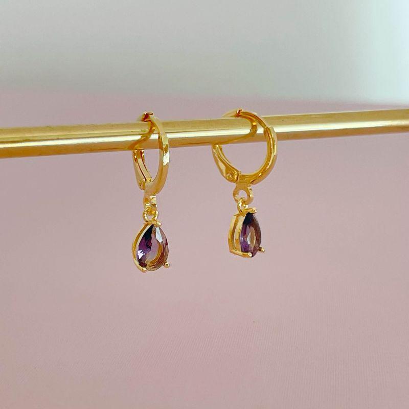 Brinco Argola Gota Pendente Lilás Ouro