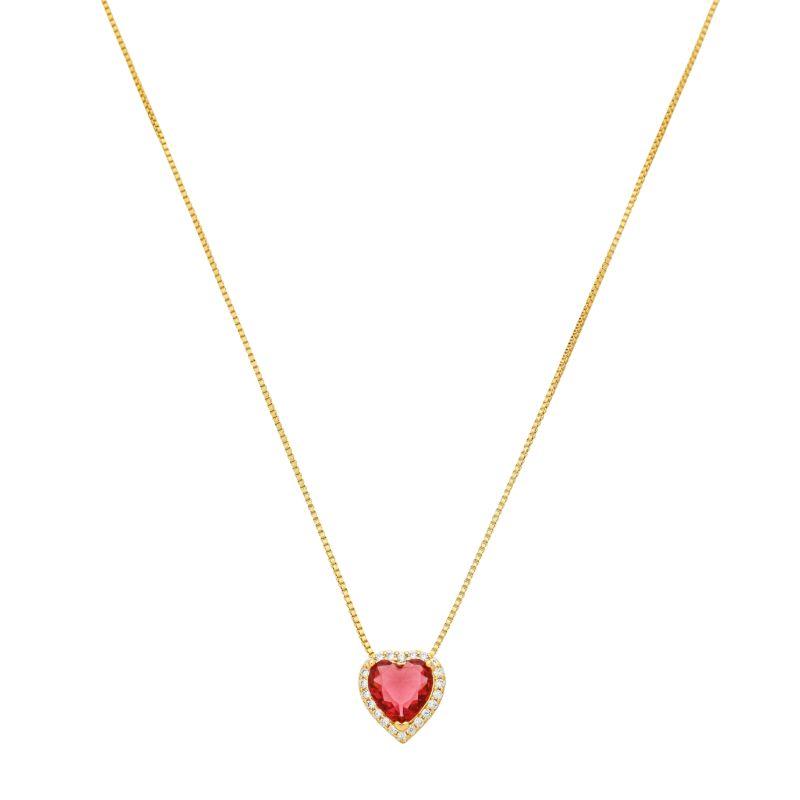 Colar Coração Vermelho Zircônias Ouro