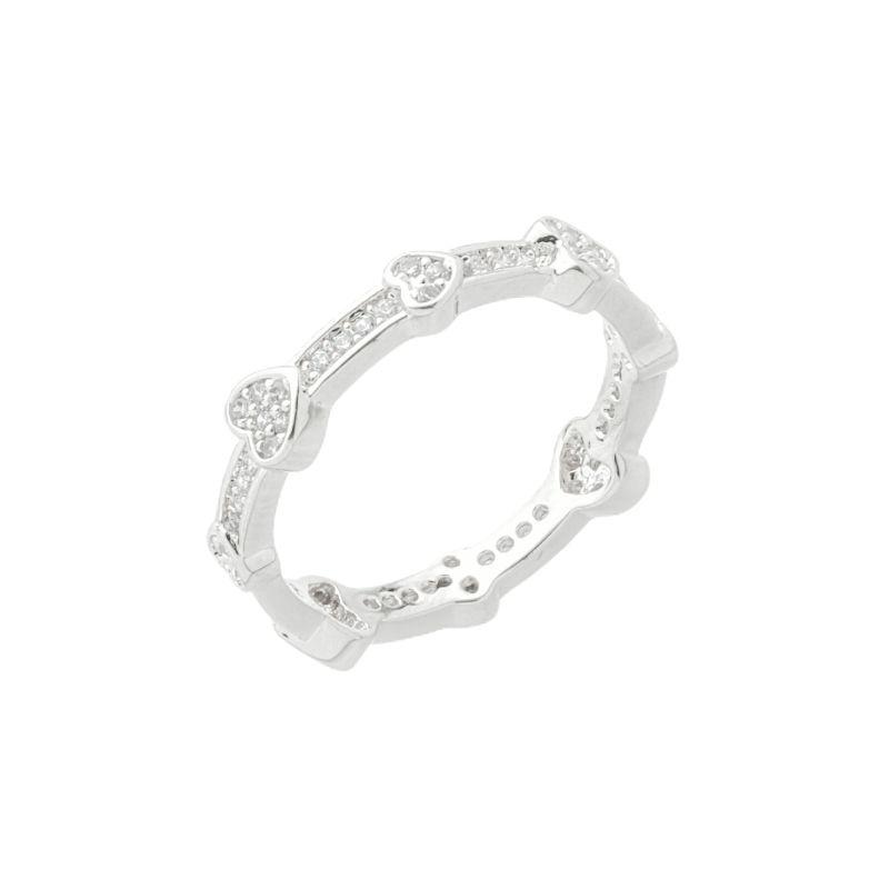 Anel Fileira Corações Cravejados Prata