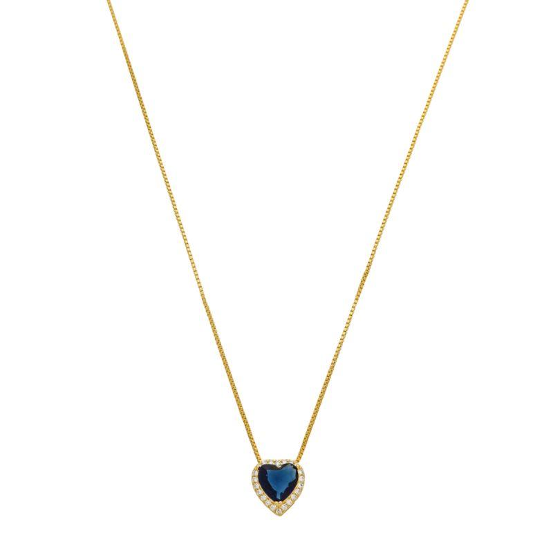 Colar Coração Azul Marinho Zircônias Ouro
