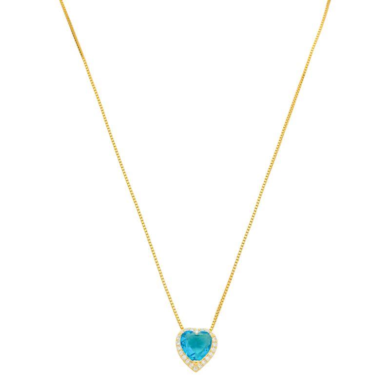 Colar Coração Azul Zircônias Ouro