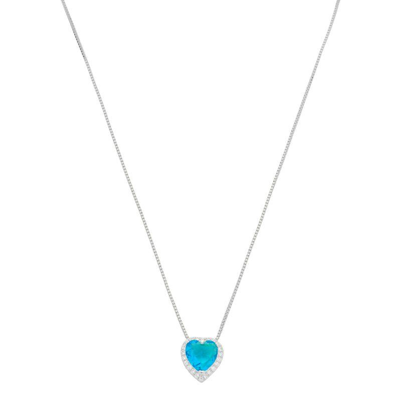 Colar Coração Azul Zircônias Prata