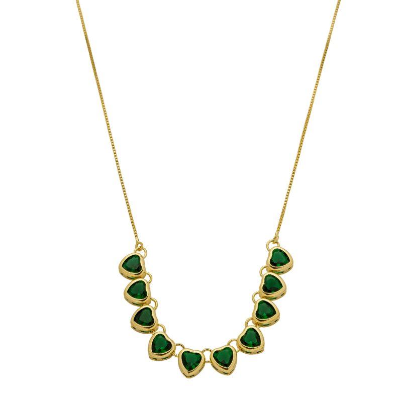 Colar Corações Cristal Verde Ouro