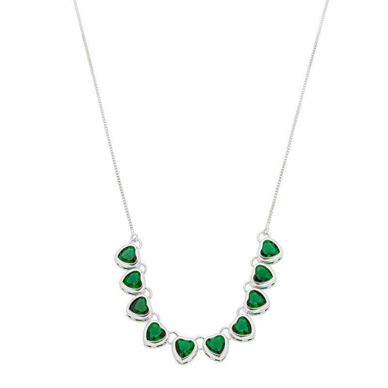 Colar Corações Cristal Verde Prata