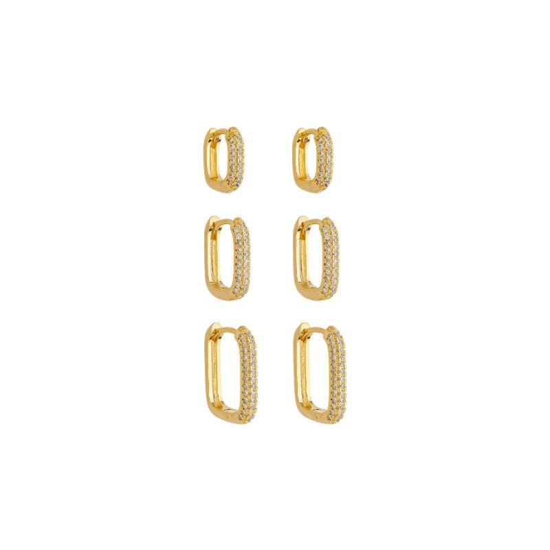 Trio Argola Retangular Cravejado Ouro