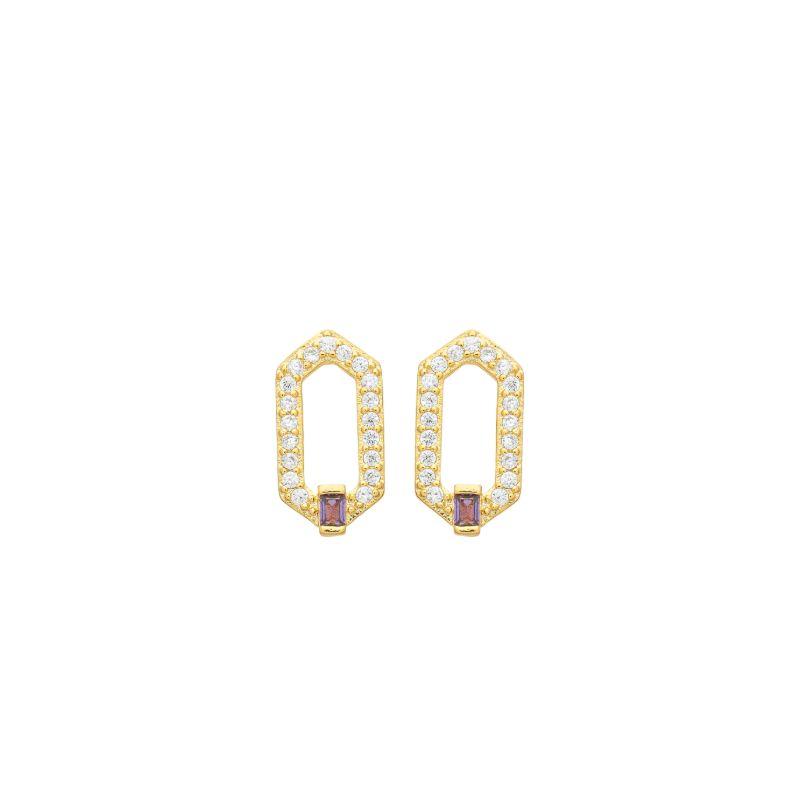 Brinco Geométrico Pedra Roxa Ouro