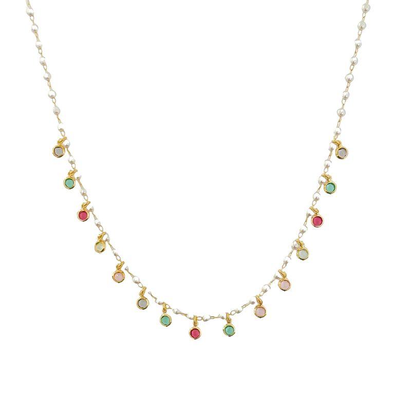 Colar Mini Pérolas e Cristais Coloridos Ouro