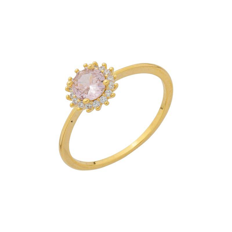 Anel Pedra Redonda Rosa e Zircônias Ouro