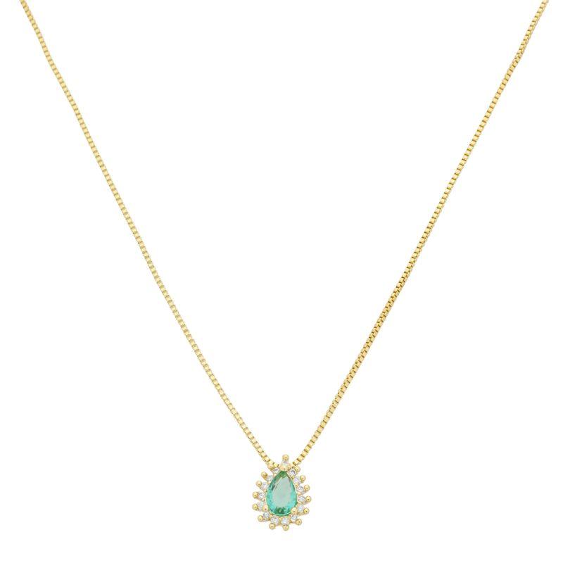 Colar Gota Pedra Verde e Zircônias Ouro