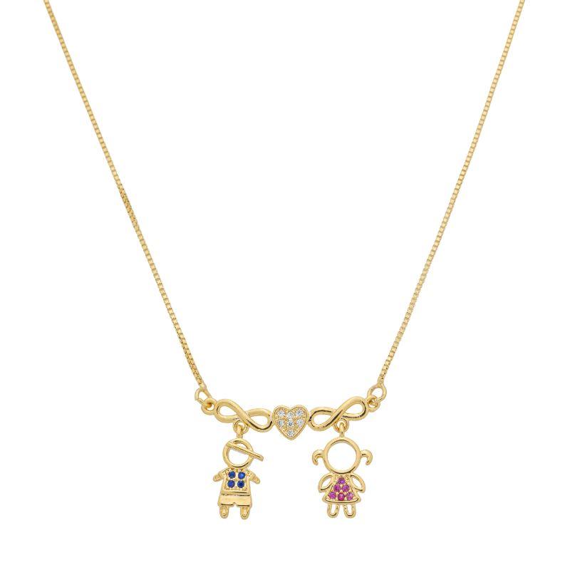 Colar Infinito Duplo Casal e Coração Cravejado Ouro