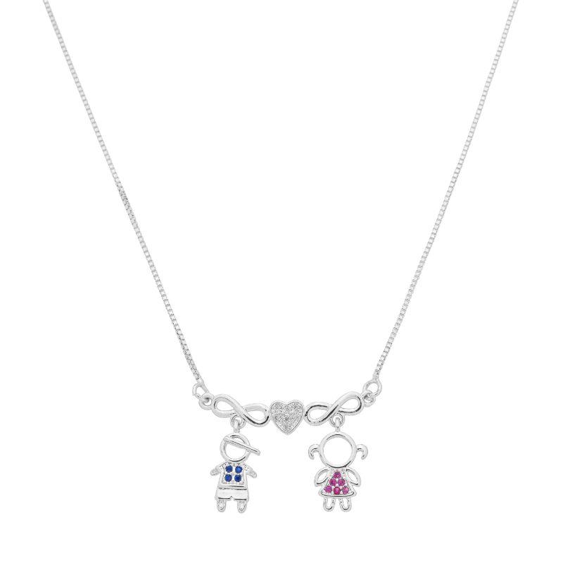 Colar Infinito Duplo Casal e Coração Cravejado Prata