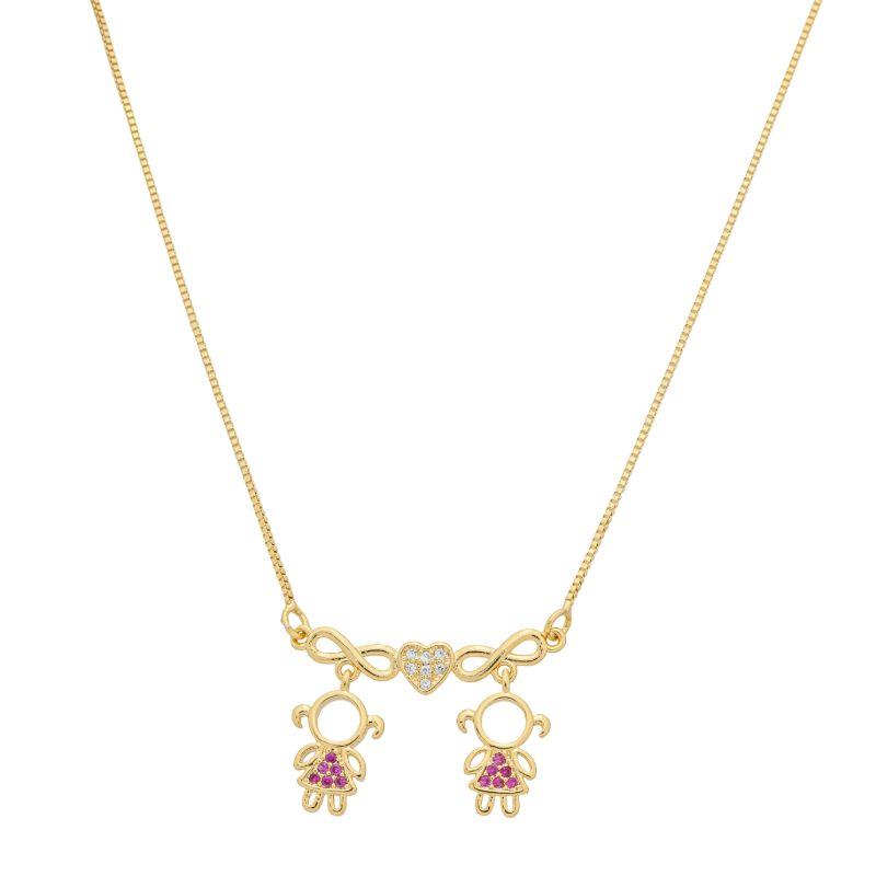 Colar Infinito Duplo com 2 Meninas e Coração Cravejado Ouro