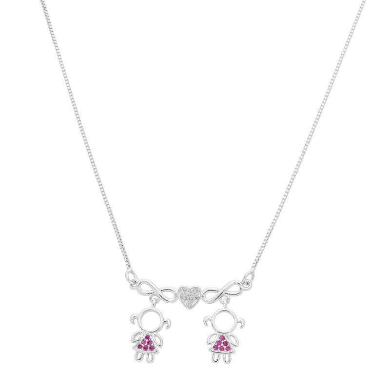 Colar Infinito Duplo com 2 Meninas e Coração Cravejado Prata