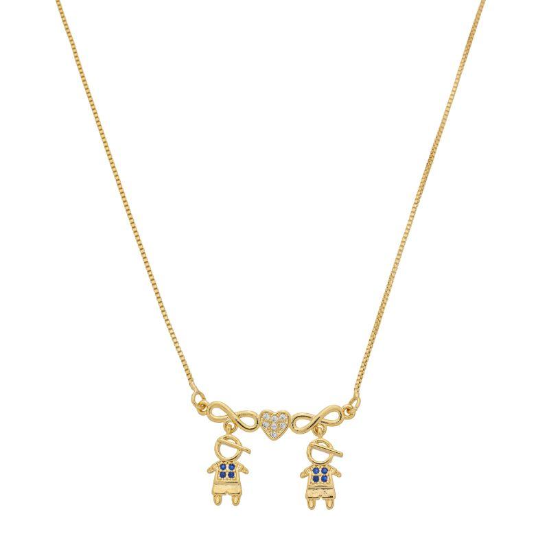 Colar Infinito Duplo com 2 Meninos e Coração Cravejado Ouro