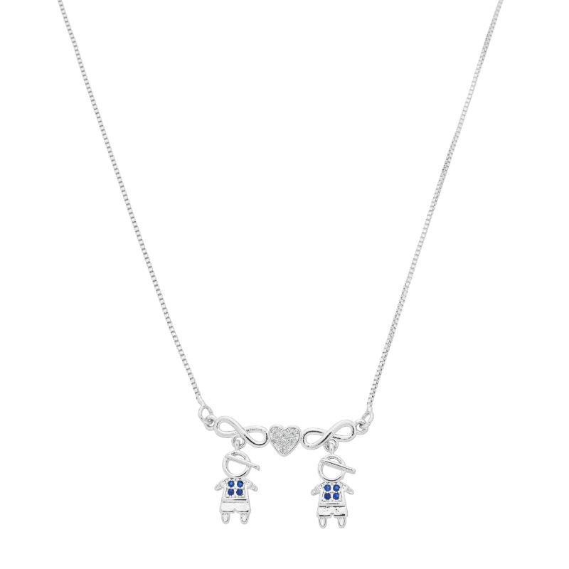 Colar Infinito Duplo com 2 Meninos e Coração Cravejado Prata