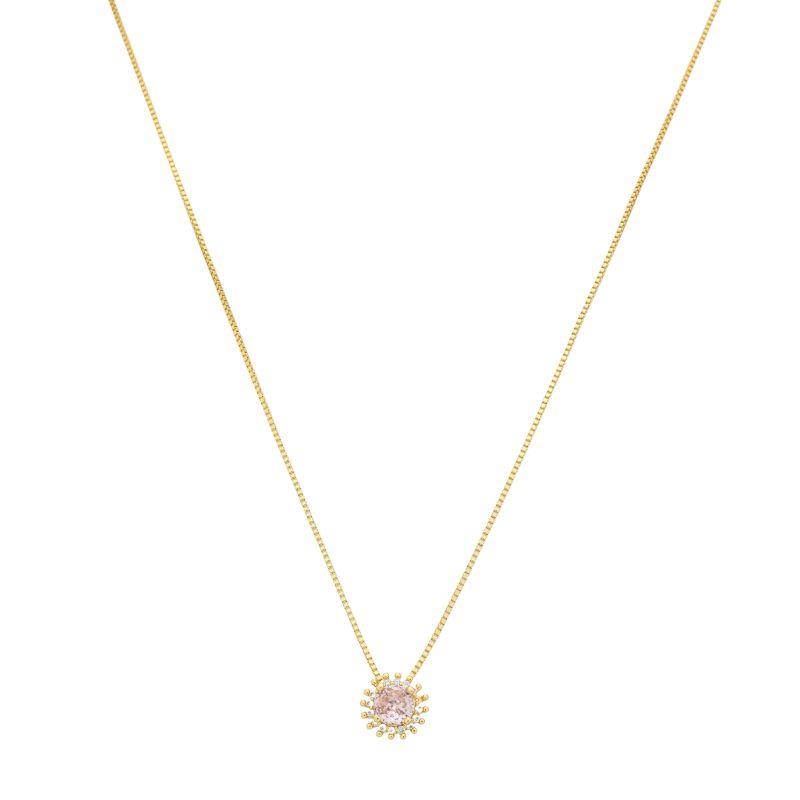 Colar Pedra Redonda Rosa e Zircônias Ouro