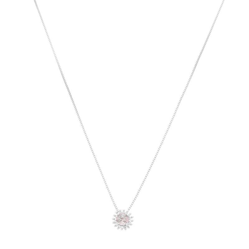 Colar Pedra Redonda Rosa e Zircônias Prata