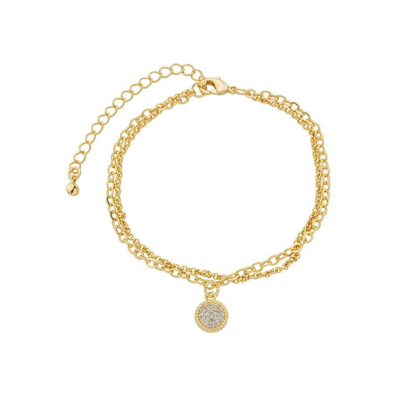 Pulseira Dupla Corrente Fina e Medalha Cravejada Ouro