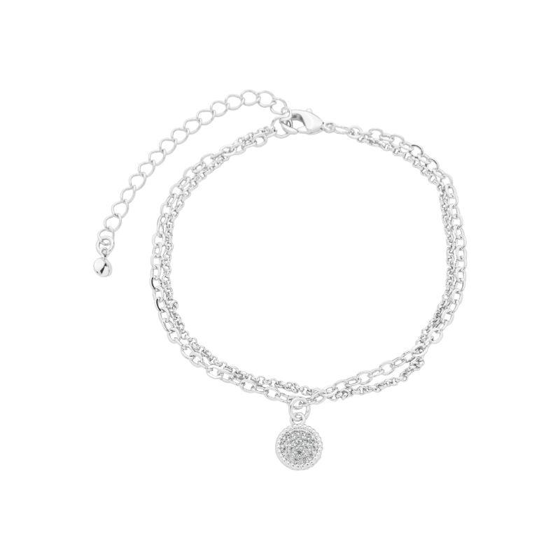 Pulseira Dupla Corrente Fina e Medalha Cravejada Prata