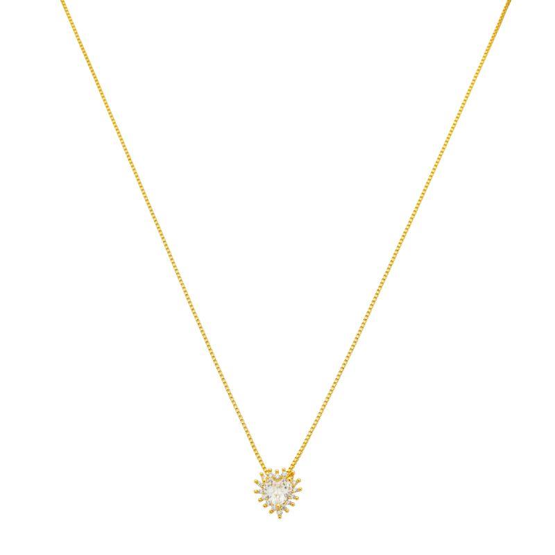 Colar Coração Pedra Branca e Zircônias Ouro