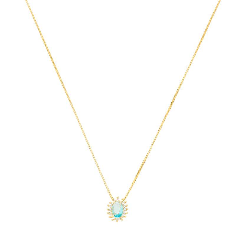 Colar Oval Pedra Azul e Zircônias Ouro