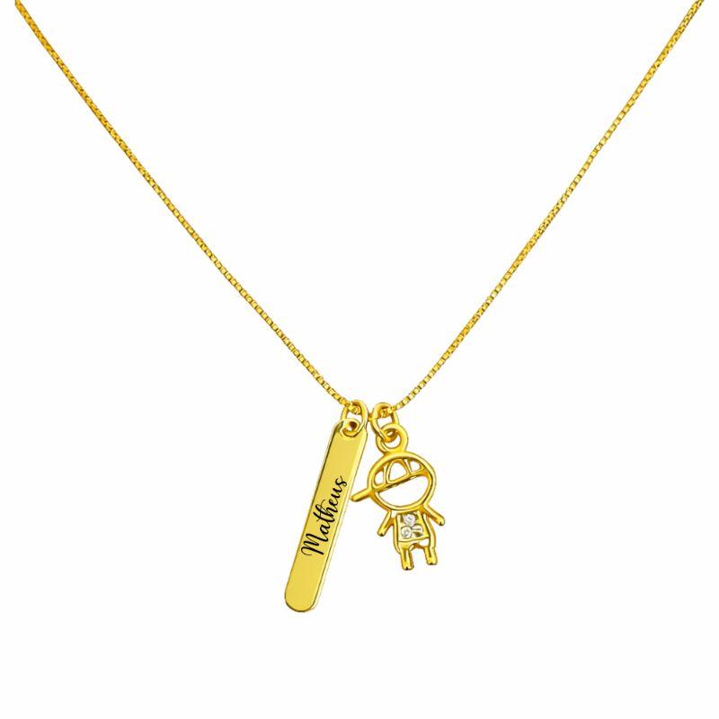 Colar Personalizado Placa Nome e Pingente Filho Ouro
