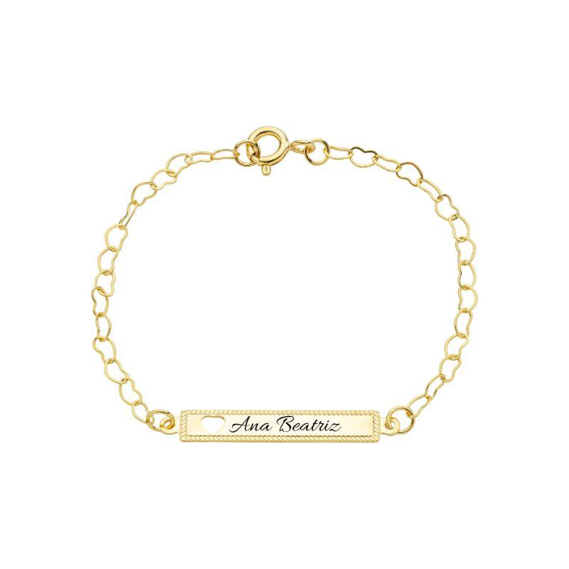 Pulseira Infantil Personalizada Plaquinha Coração Ouro