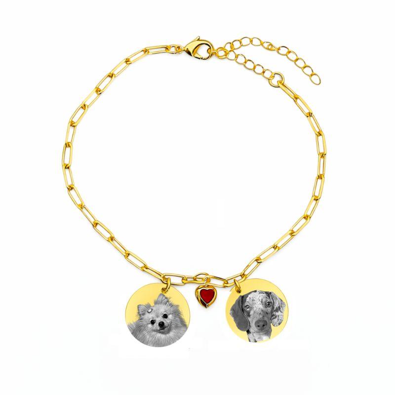 Pulseira Personalizada 2 Medalhas Fotogravação e Pingente Coração Ouro