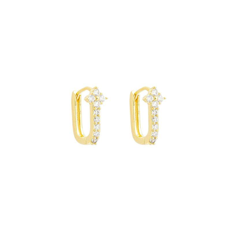 Brinco Argola Retangular e Trevo Cravejado Ouro