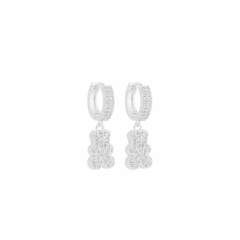 Brinco Argola Urso Cravejado Zircônias Prata