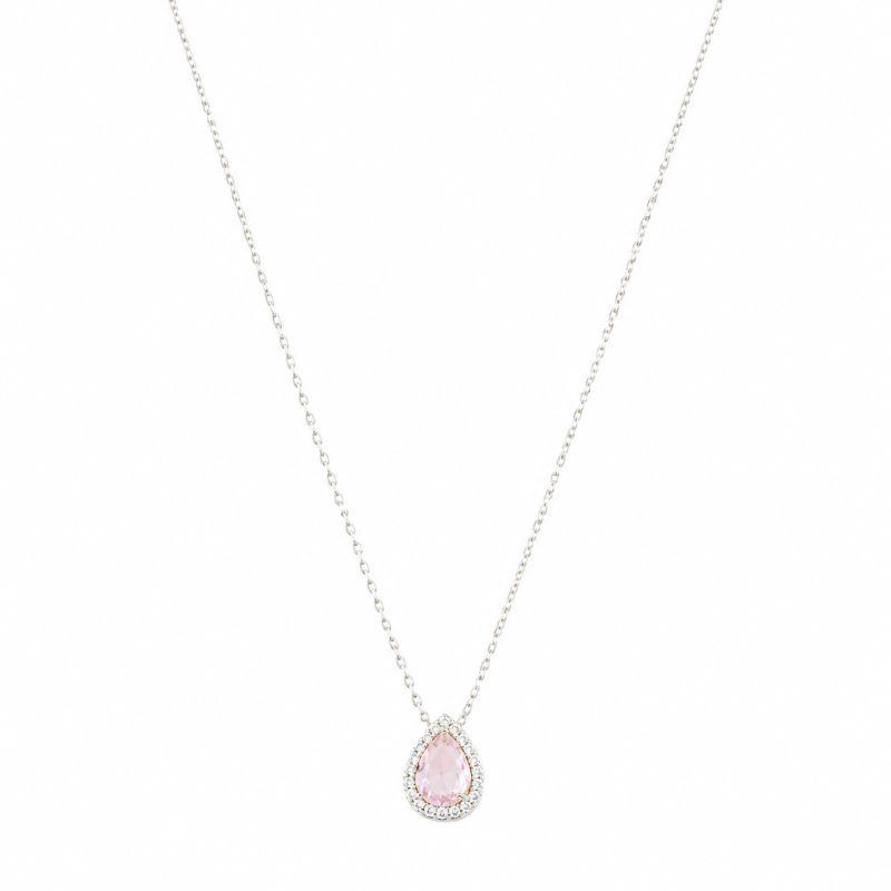 Colar Gota Pedra Rosa e Zircônias Prata