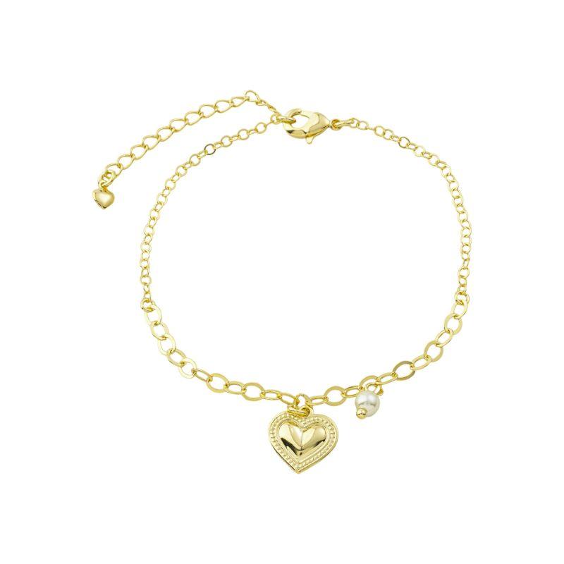 Pulseira Coração Detalhado e Pérola Ouro