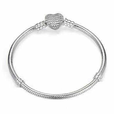 Pulseira de Berloques Coração Cravejado Prata - 16 cm