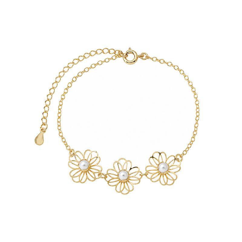 Pulseira Trio de Flores com Pérolas Ouro