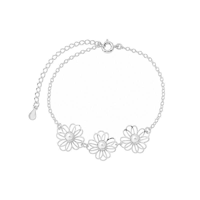 Pulseira Trio de Flores com Pérolas Prata