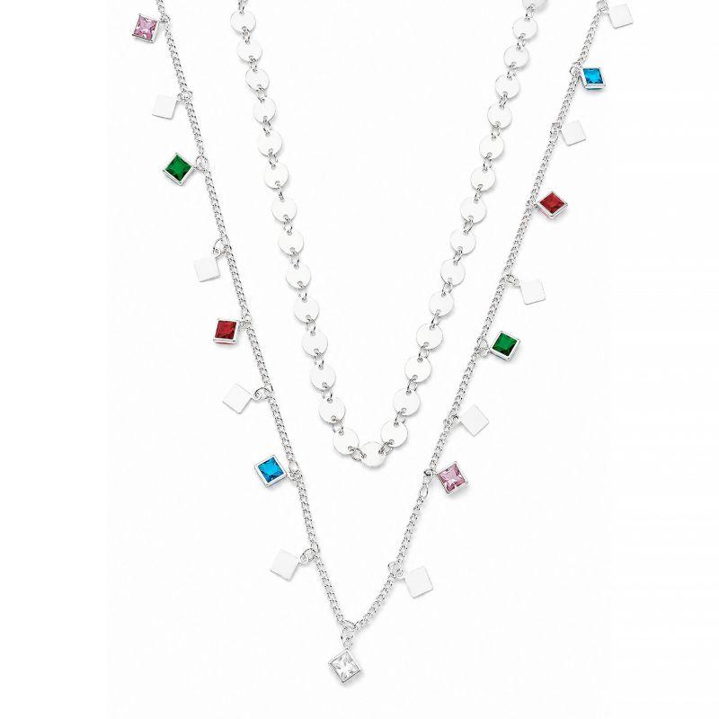 Colar Duplo Medalhas e Pingentes Coloridos Prata
