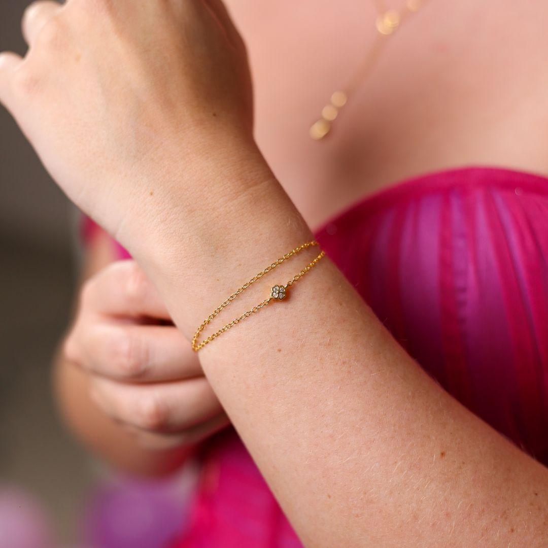 Pulseira Dupla Trevo com Zircônias Ouro